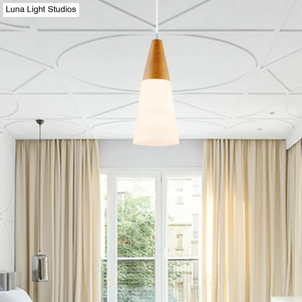 Modern Cone Milk Glass Suspension Pendant - Natural Wood Hanging Light Fixture (1-Light 5/7.5/10.5