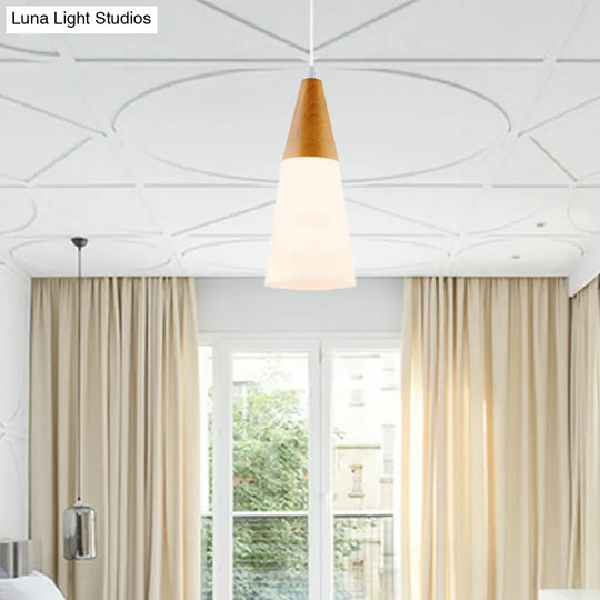 Modern Cone Milk Glass Suspension Pendant - Natural Wood Hanging Light Fixture (1-Light 5/7.5/10.5