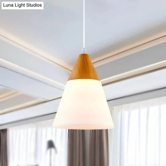 Natural Wood Cone Milk Glass Suspension Pendant Light - Modern 1-Light Fixture (5’/7.5’/10.5’ Wide)