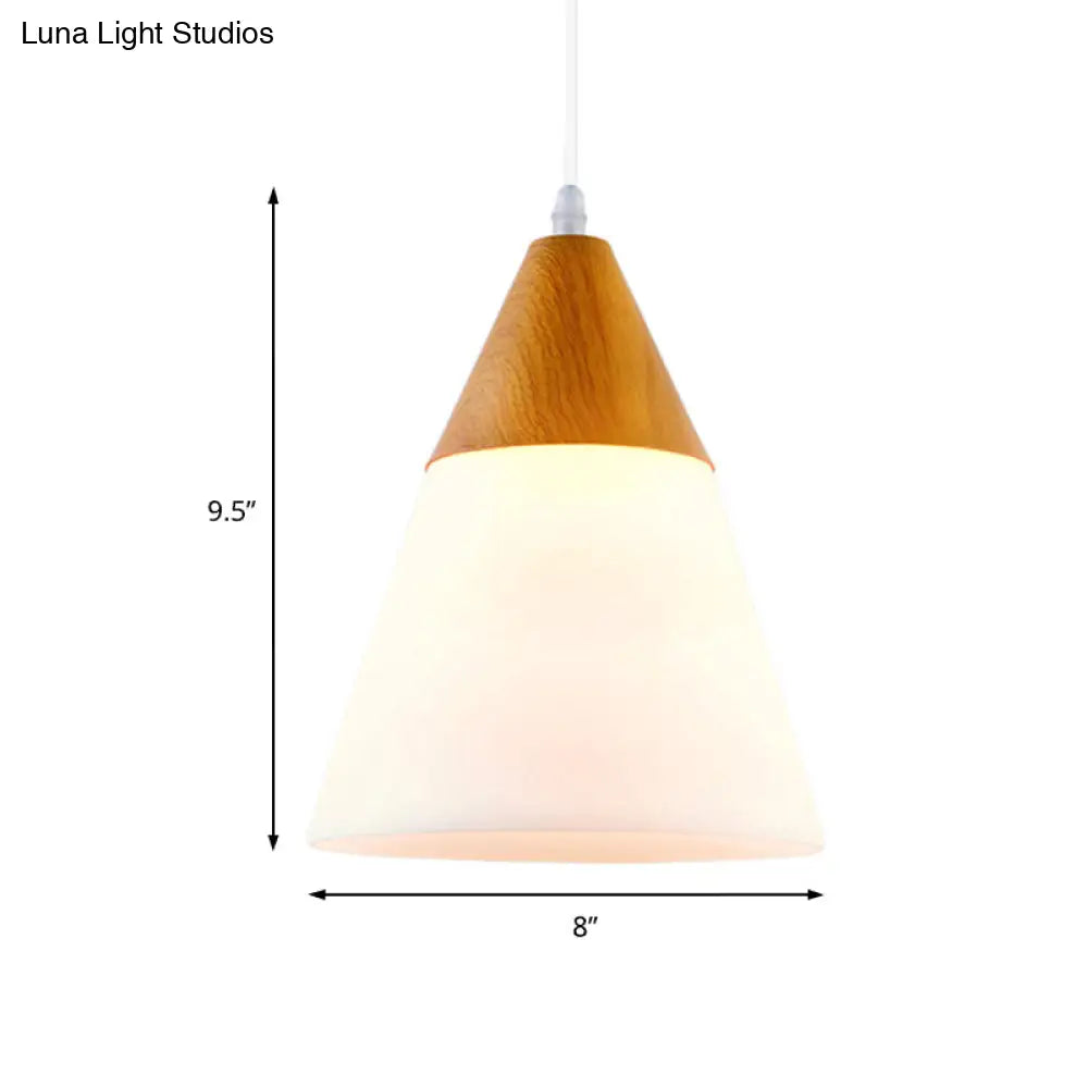 Modern Cone Milk Glass Suspension Pendant - Natural Wood Hanging Light Fixture (1-Light 5/7.5/10.5