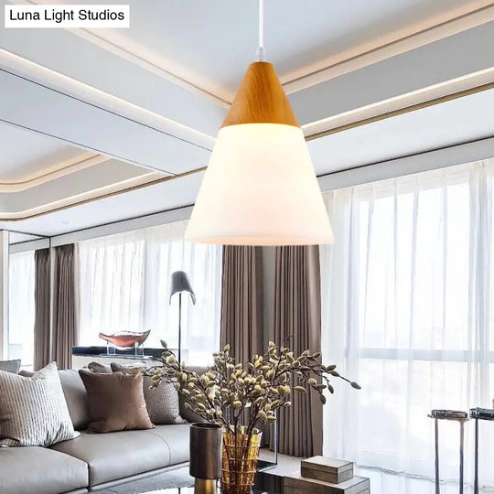 Modern Cone Milk Glass Suspension Pendant - Natural Wood Hanging Light Fixture (1-Light 5/7.5/10.5