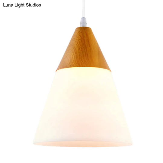 Natural Wood Cone Milk Glass Suspension Pendant Light - Modern 1-Light Fixture (5’/7.5’/10.5’ Wide)