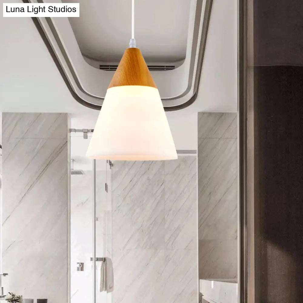 Modern Cone Milk Glass Suspension Pendant - Natural Wood Hanging Light Fixture (1-Light 5/7.5/10.5