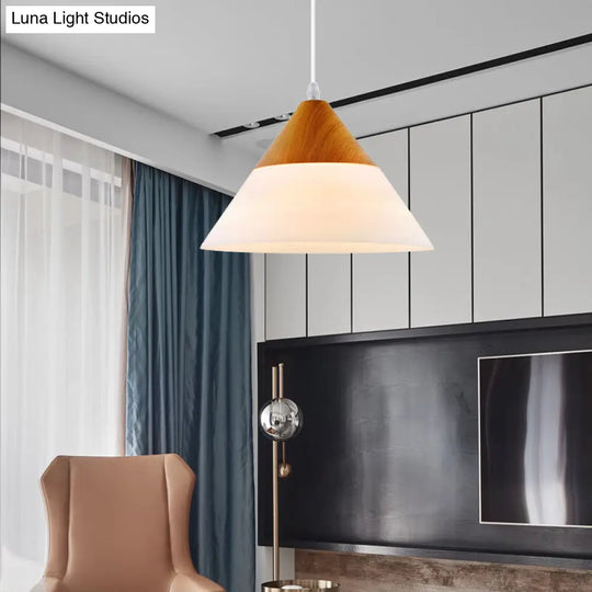 Modern Cone Milk Glass Suspension Pendant - Natural Wood Hanging Light Fixture (1-Light 5/7.5/10.5