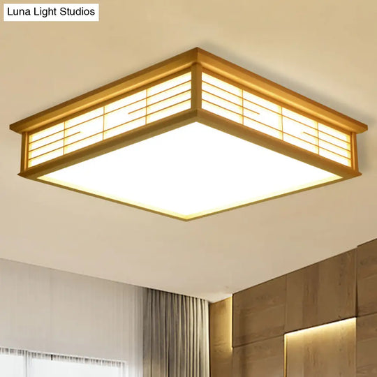 Natural Wood Led Ceiling Light Fixture - Simple Box Flush Lighting For Bedroom (14’/18’/21.5’