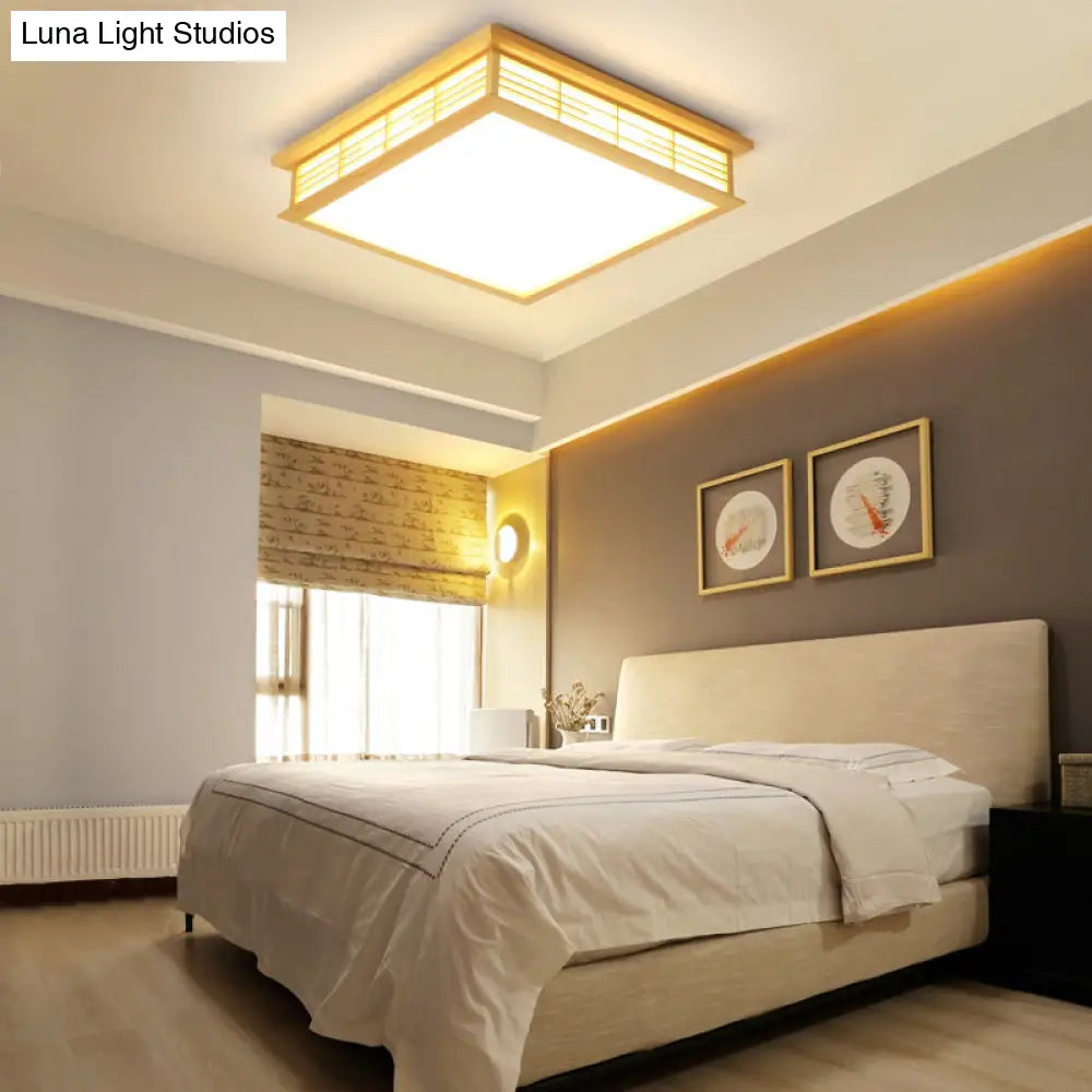 Natural Wood Led Ceiling Light Fixture - Simple Box Flush Lighting For Bedroom (14’/18’/21.5’