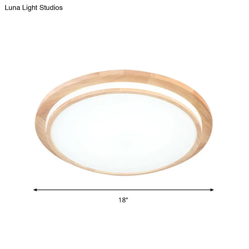 Natural Wood Round Led Ceiling Mount Lamp In Warm/White Light 15’/18’/23’ Dia - Simplicity &