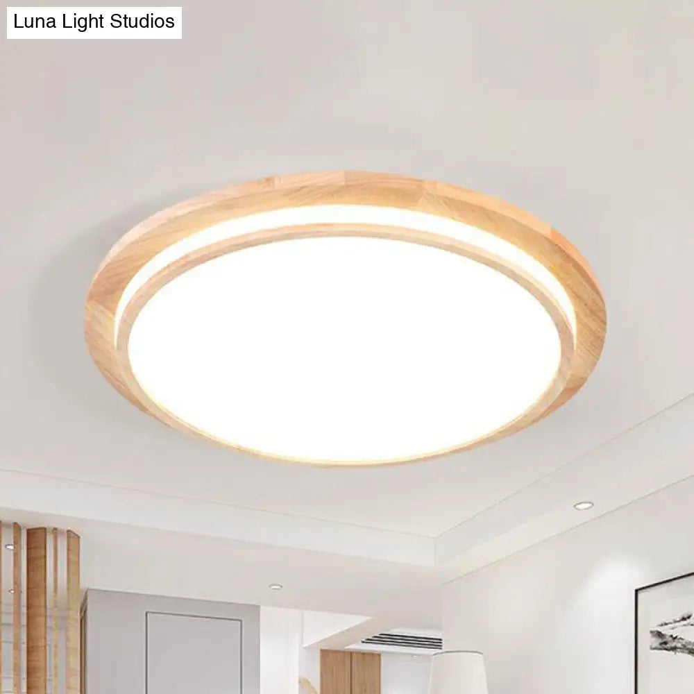 Natural Wood Round Led Ceiling Mount Lamp In Warm/White Light 15/18/23 Dia - Simplicity & Elegance /