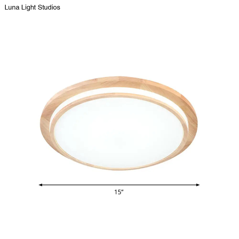 Natural Wood Round Led Ceiling Mount Lamp In Warm/White Light 15’/18’/23’ Dia - Simplicity &