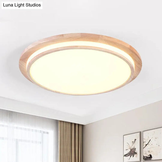 Natural Wood Round Led Ceiling Mount Lamp In Warm/White Light 15/18/23 Dia - Simplicity & Elegance /