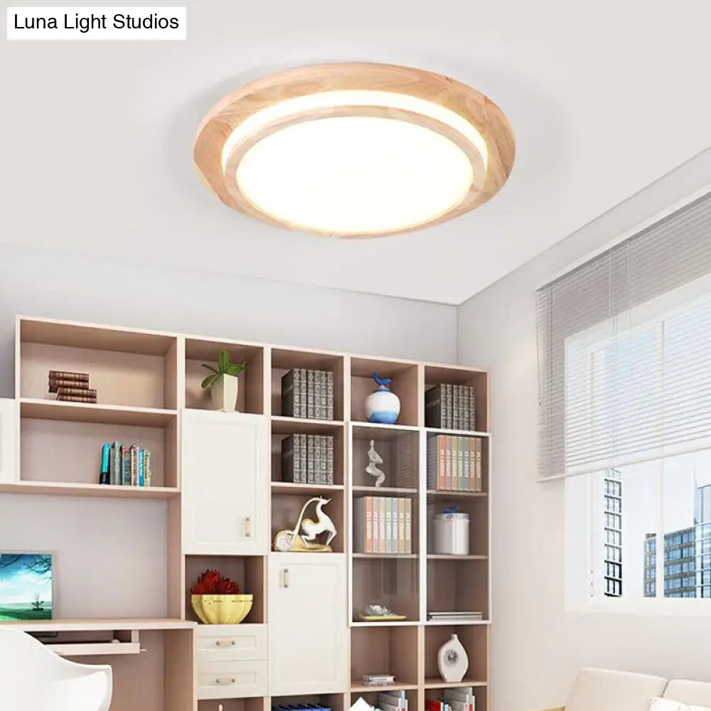 Natural Wood Round Led Ceiling Mount Lamp In Warm/White Light 15’/18’/23’ Dia - Simplicity &