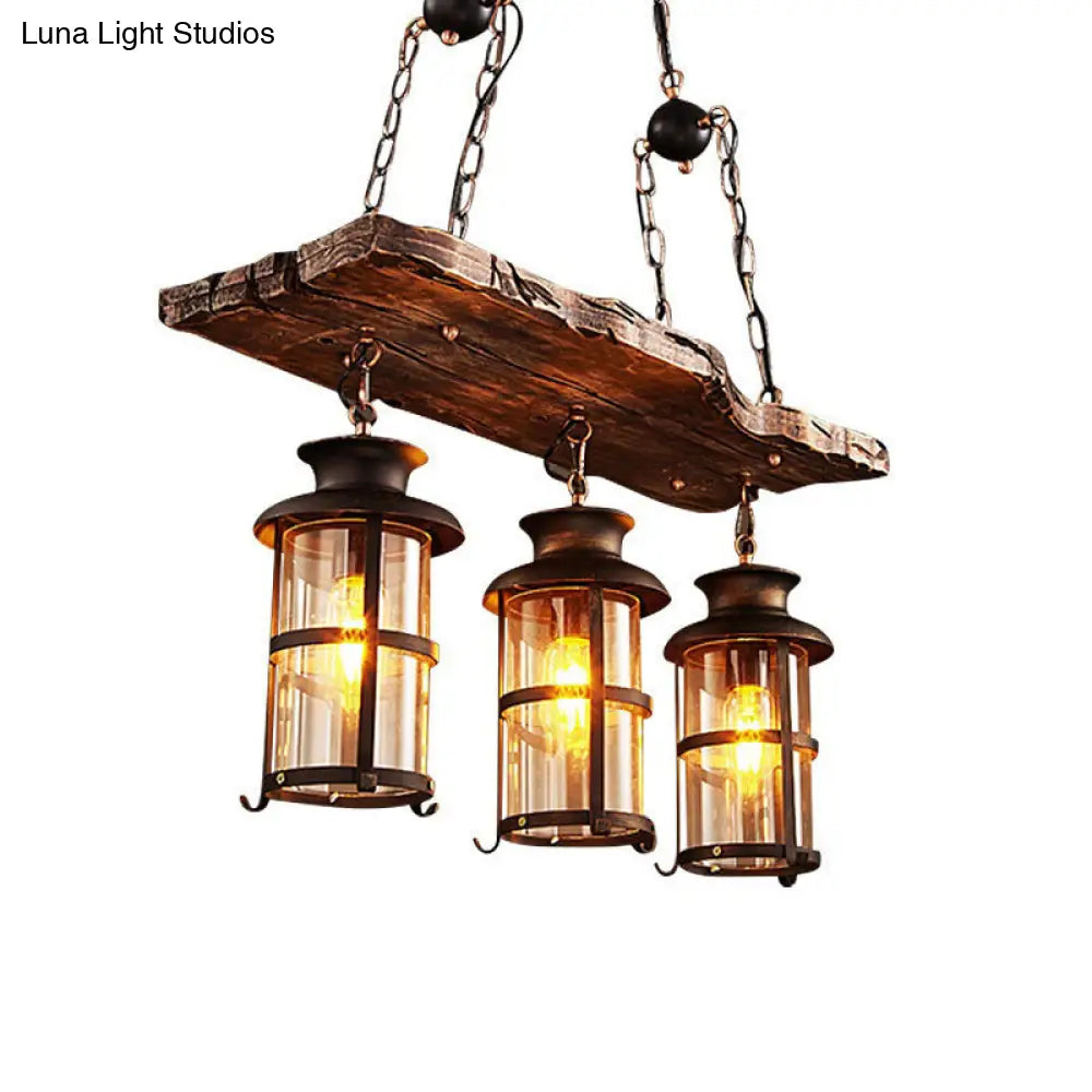 Nautical Clear Glass Cylinder Chandelier With Wooden Plank Décor And 3 Hanging Lights In Brown