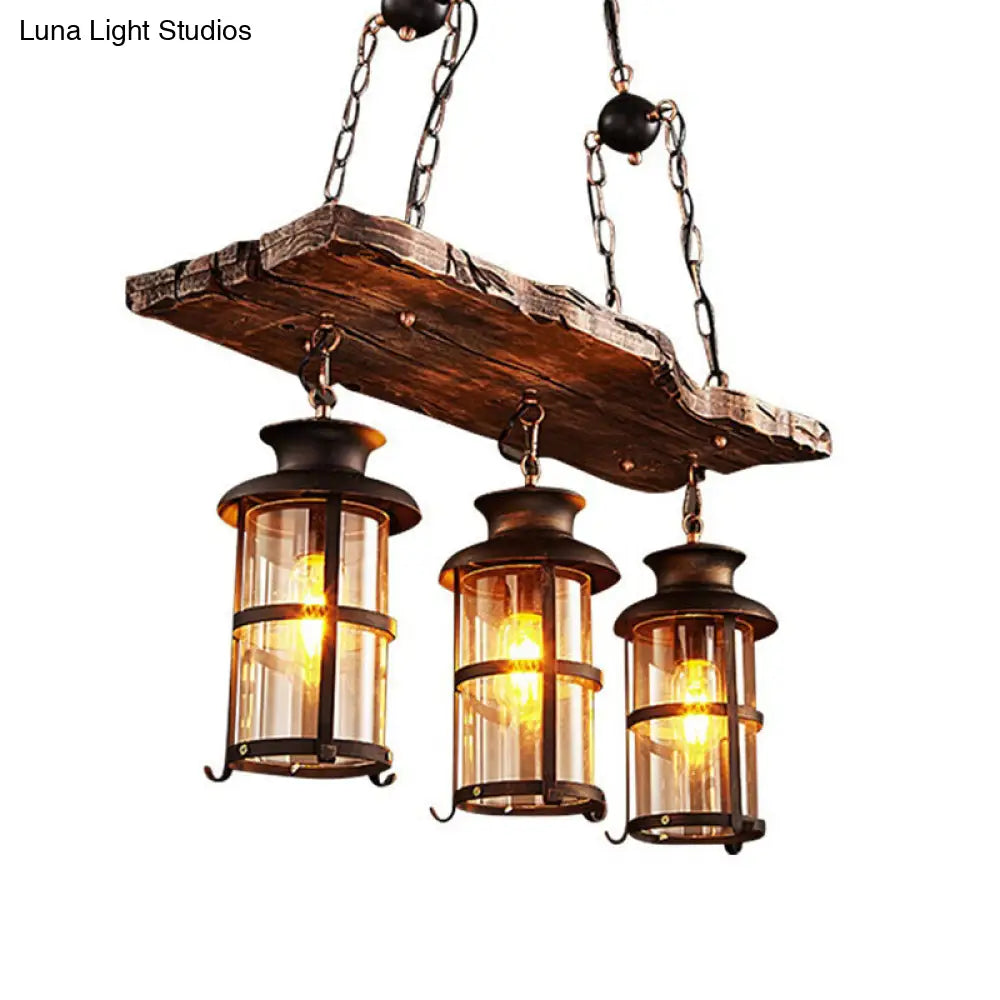 Nautical 3-Light Glass Chandelier With Wood Plank Brown Deco