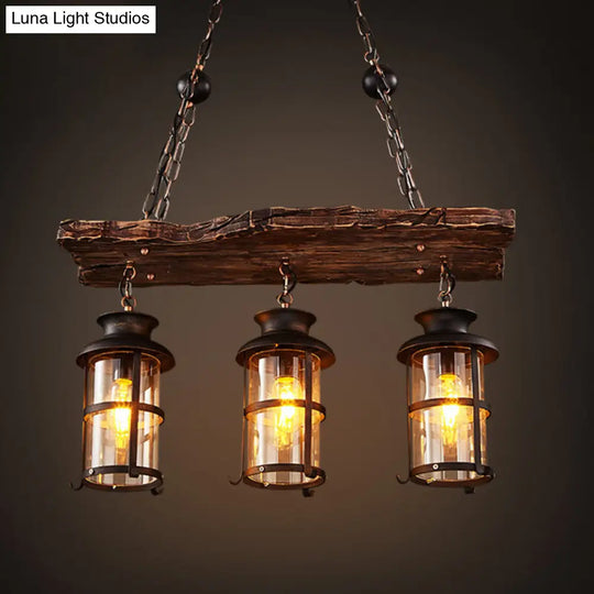 Nautical Clear Glass Cylinder Chandelier With Wooden Plank Décor And 3 Hanging Lights In Brown