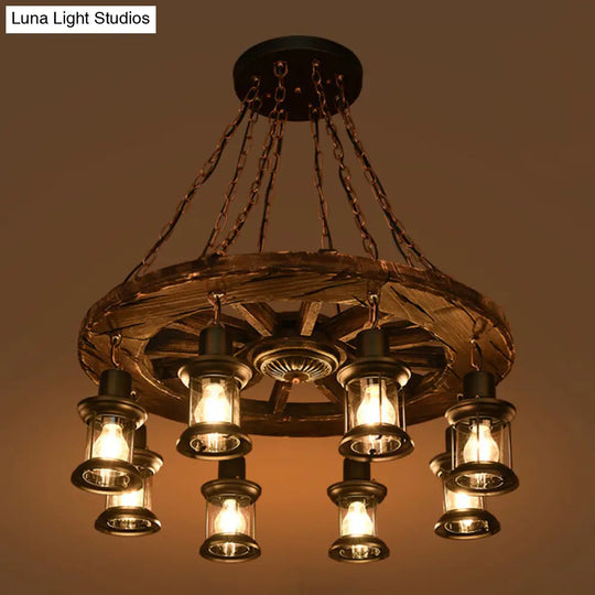 Nautical Wooden Wagon Wheel Chandelier: 8-Bulb Pendant Light Fixture With Lantern In Brown