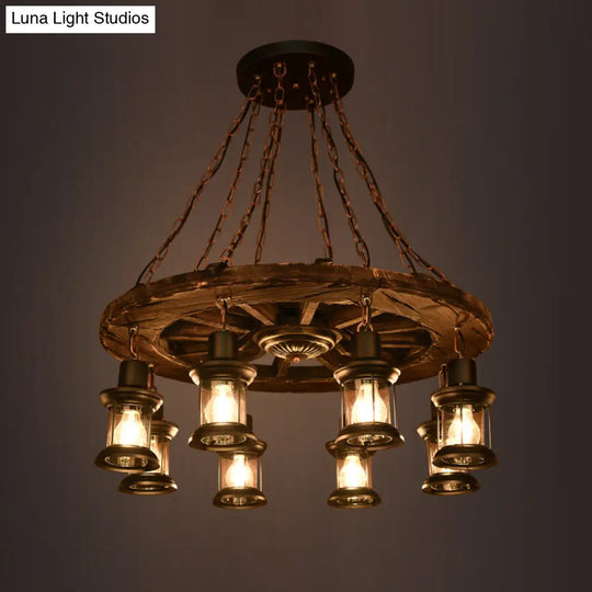 Nautical Wooden Wagon Wheel Chandelier: 8-Bulb Pendant Light Fixture With Lantern In Brown