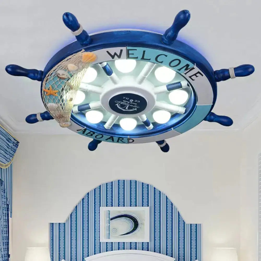 Nautical 8 - Light Metal Ceiling Lamp In Blue For Kindergarten Rooms With Rudder Design