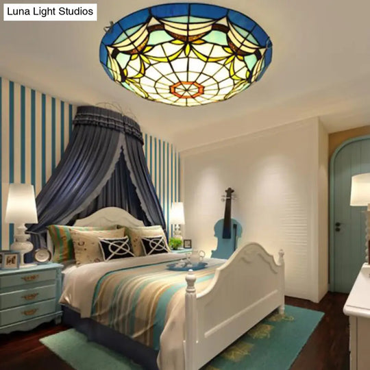 Nautical Art Glass Flush Mount Light - Tiffany Style 3 Lights Ideal For Living Room Blue