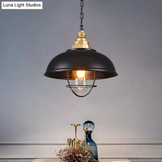 Nautical Black Bowl Suspension Lamp With Metallic Wire Cage - Perfect For Restaurant Ceilings