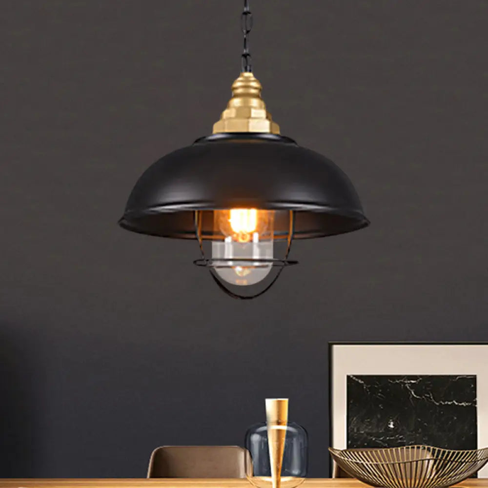 Nautical Black Bowl Suspension Lamp With Metallic Wire Cage - Perfect For Restaurant Ceilings