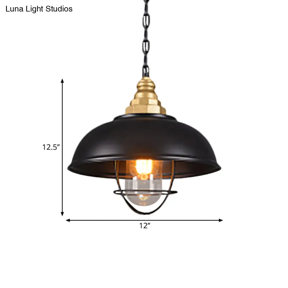 Nautical Black Bowl Suspension Lamp With Metallic Wire Cage - Perfect For Restaurant Ceilings