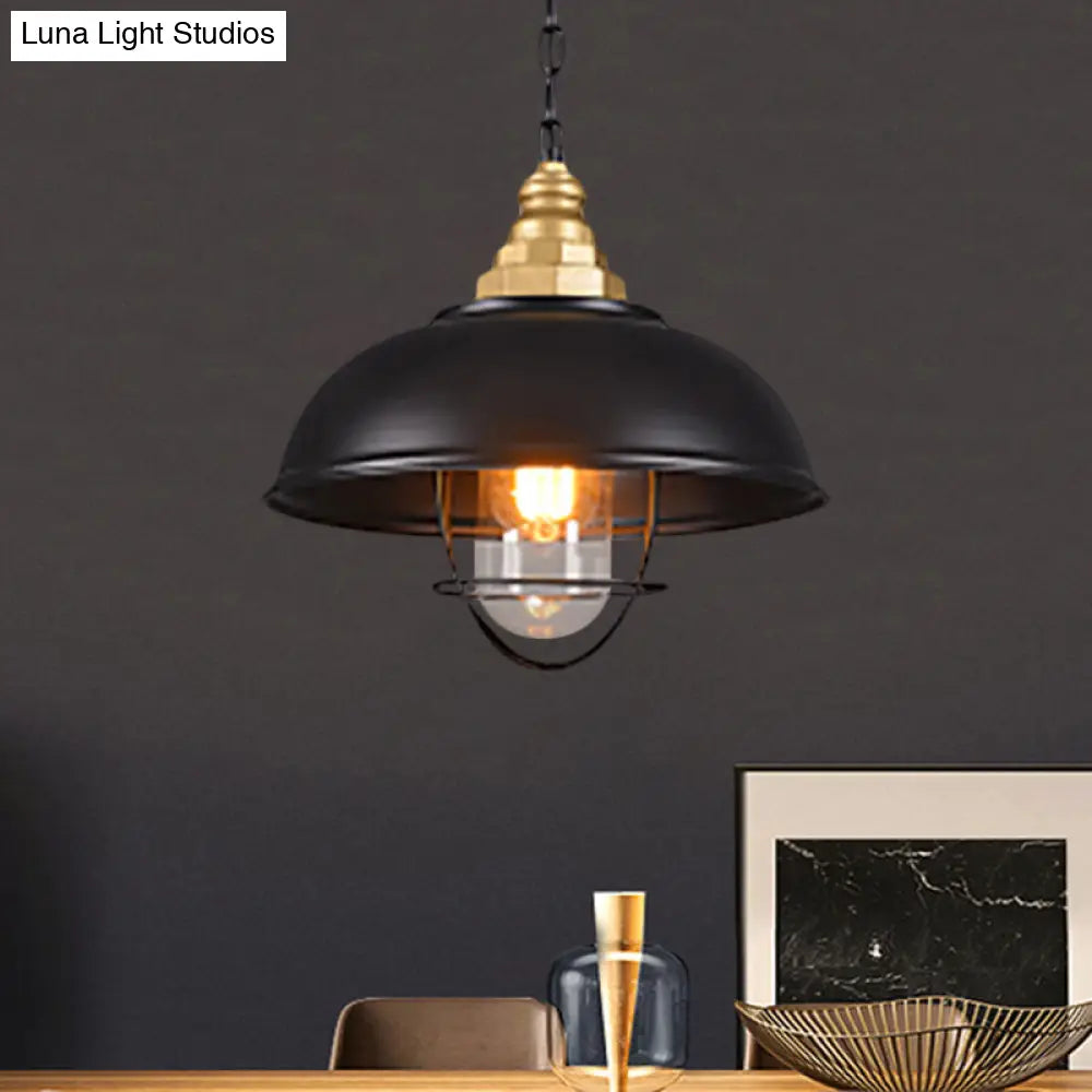 Wire Cage Nautical Black Suspension Lamp - 1 Light Bowl Ceiling For Restaurants