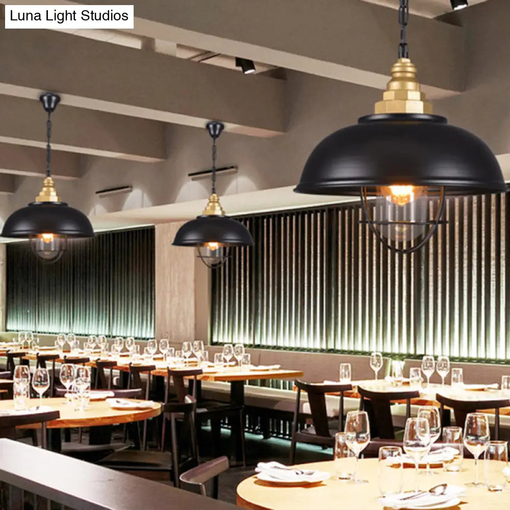 Nautical Black Bowl Suspension Lamp With Metallic Wire Cage - Perfect For Restaurant Ceilings