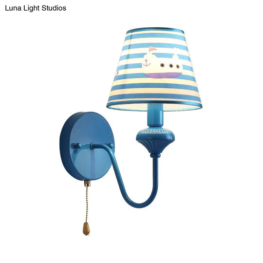 Nautical Blue Stripe Wall Sconce With Cartoon Ship - 1 Light Metal Fixture For Foyer