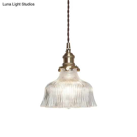 Nautical Brass Pendant Lamp - Clear Glass Pleated Design 1-Light Ceiling Fixture For Restaurants