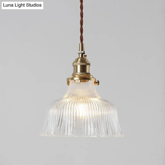 Nautical Brass Pendant Lamp - Clear Glass Pleated Design 1-Light Ceiling Fixture For Restaurants