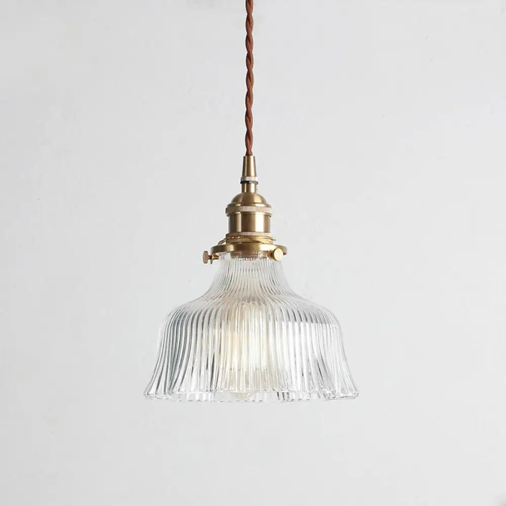 Nautical Brass Pendant Lamp - Clear Glass Pleated Design 1-Light Ceiling Fixture For Restaurants