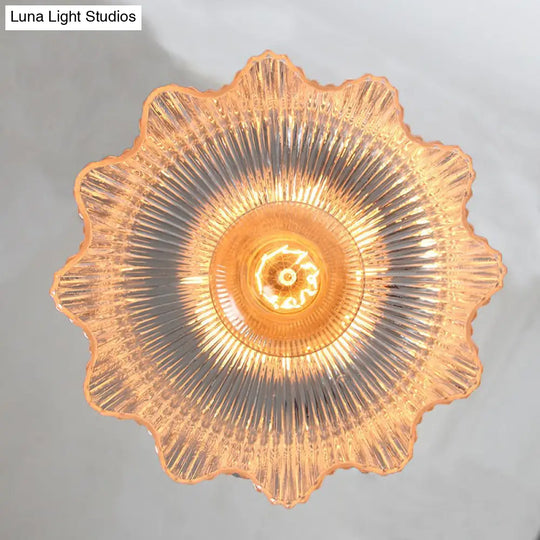 Nautical Brass Pendant Lamp - Clear Glass Pleated Design 1-Light Ceiling Fixture For Restaurants