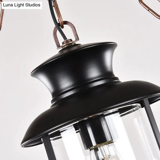 Nautical Brown Glass Pendant Lamp With Arch Wood Deco - Clear Cylindrical Hanging Light