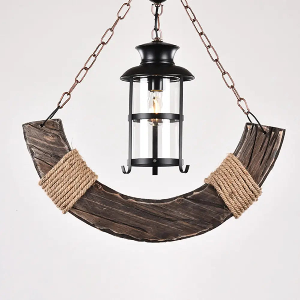 Nautical Brown Glass Pendant Lamp With Arch Wood Deco - Cylindrical 1-Bulb Hanging Light