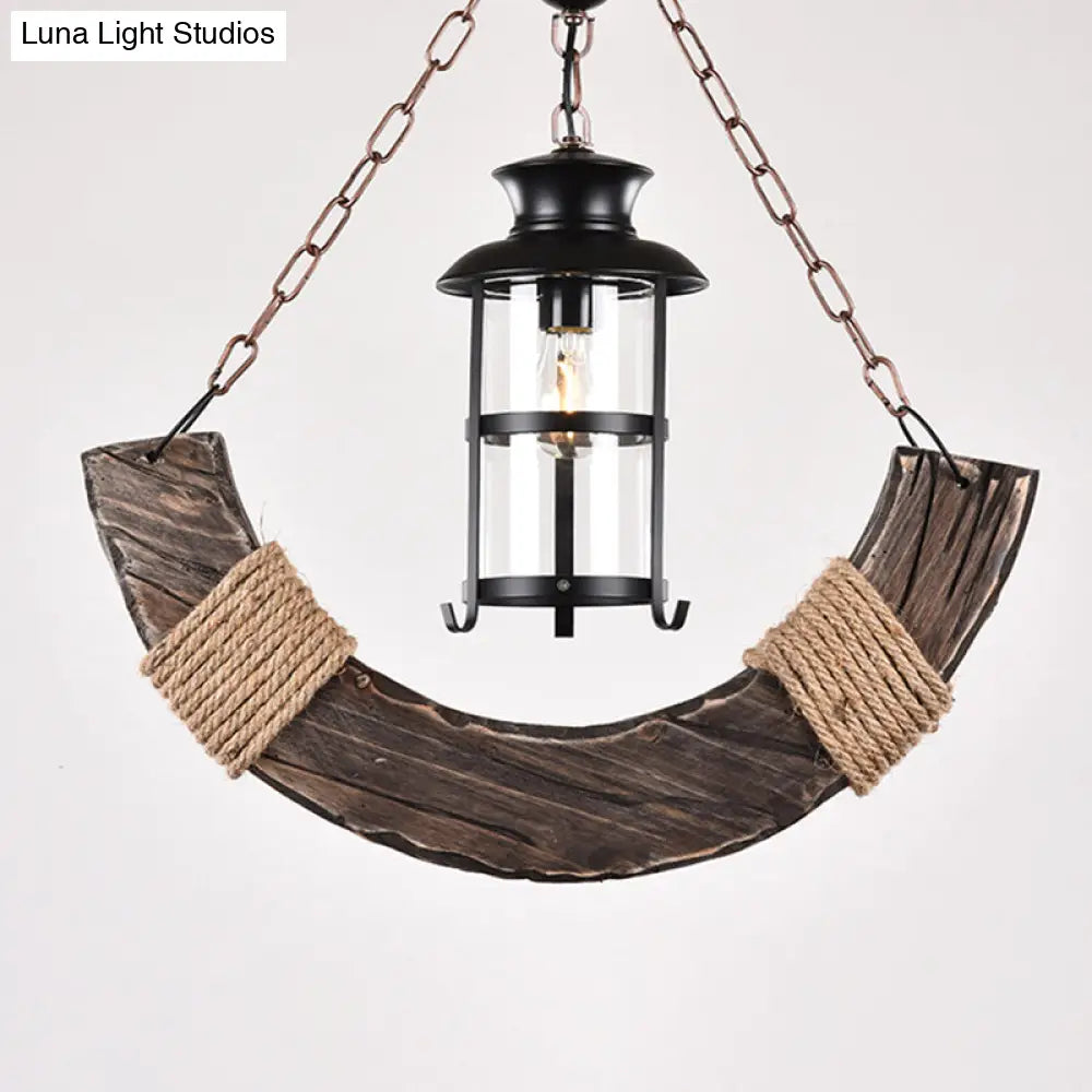 Nautical Brown Glass Pendant Lamp With Arch Wood Deco - Clear Cylindrical Hanging Light