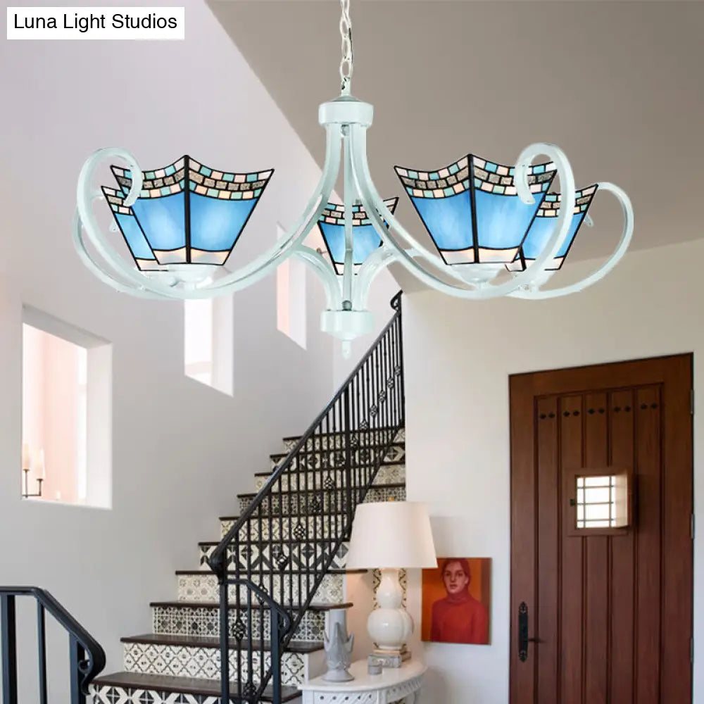 Nautical Blue Glass Pyramid Chandelier Light - 5/6/8 Lights In White Finish Perfect For Living Room