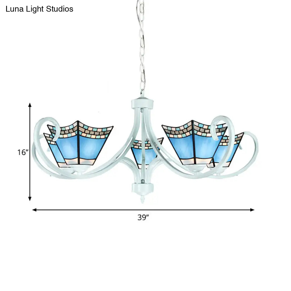 Nautical Blue Glass Pyramid Chandelier Light - 5/6/8 Lights In White Finish Perfect For Living Room