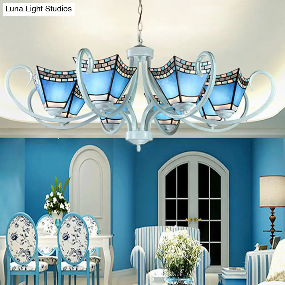 Nautical Blue Glass Pyramid Chandelier Light - 5/6/8 Lights In White Finish Perfect For Living Room