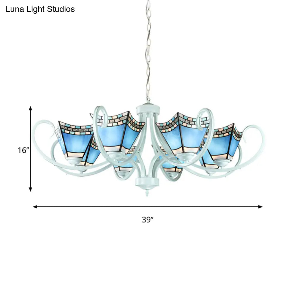 Nautical Chandelier With Blue Glass Pendants - 5/6/8 Lights In White Finish For Living Room