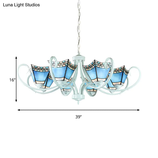 Nautical Chandelier With Blue Glass Pendants - 5/6/8 Lights In White Finish For Living Room