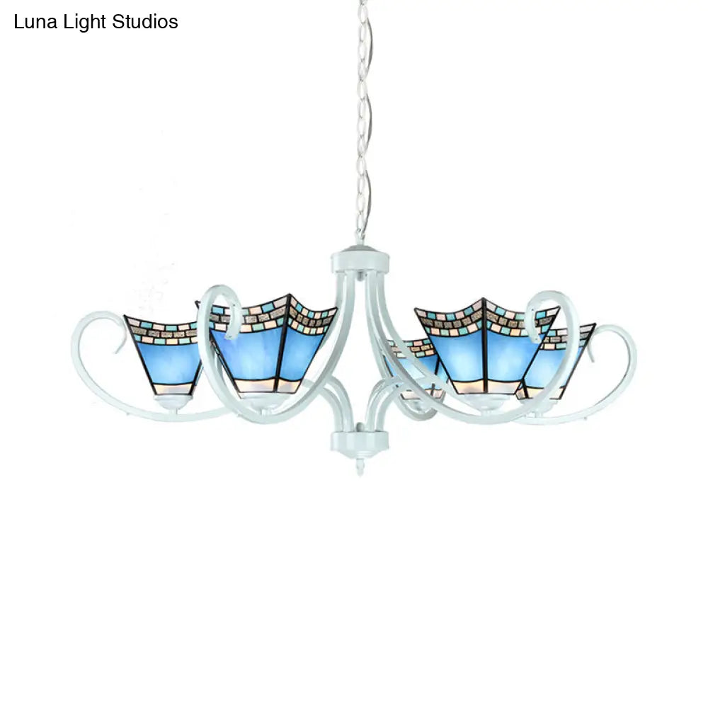 Nautical Chandelier With Blue Glass Pendants - 5/6/8 Lights In White Finish For Living Room