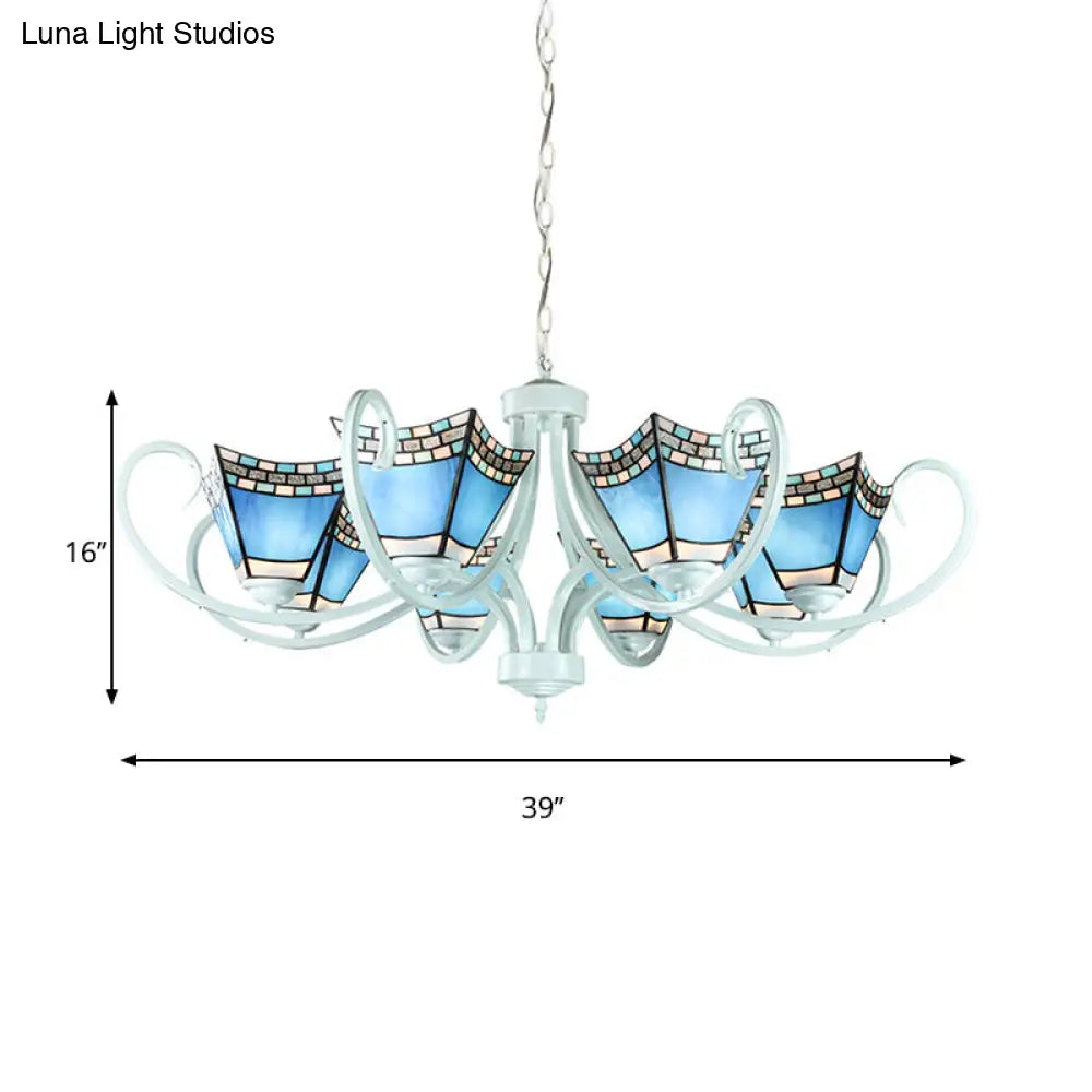 Nautical Blue Glass Pyramid Chandelier Light - 5/6/8 Lights In White Finish Perfect For Living Room