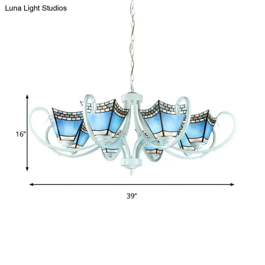 Nautical Blue Glass Pyramid Chandelier Light - 5/6/8 Lights In White Finish Perfect For Living Room