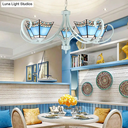 Nautical Chandelier With Blue Glass Pendants - 5/6/8 Lights In White Finish For Living Room