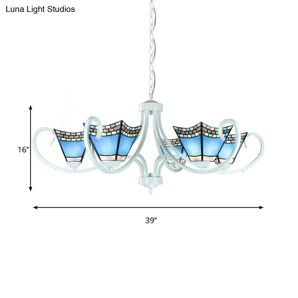 Nautical Chandelier With Blue Glass Pendants - 5/6/8 Lights In White Finish For Living Room