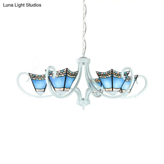 Nautical Blue Glass Pyramid Chandelier Light - 5/6/8 Lights In White Finish Perfect For Living Room