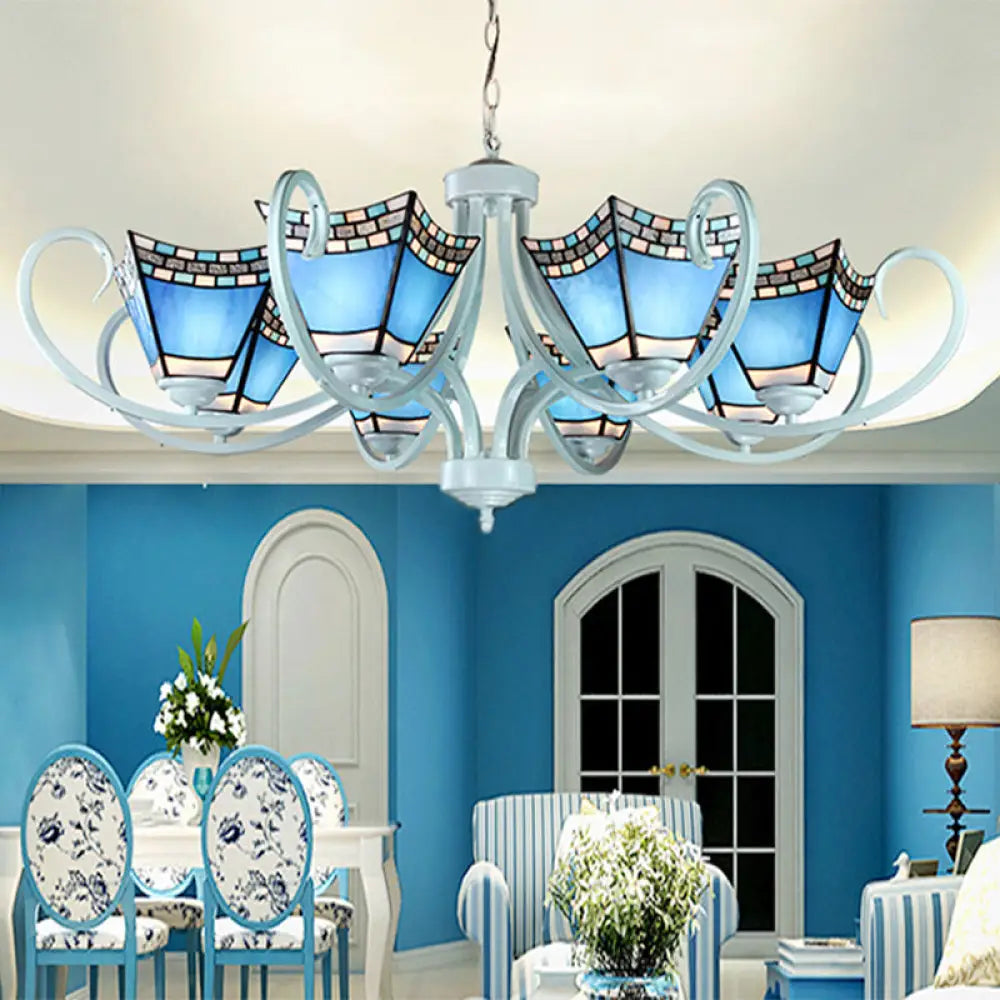 Nautical Chandelier With Blue Glass Pendants - 5/6/8 Lights In White Finish For Living Room 8 /