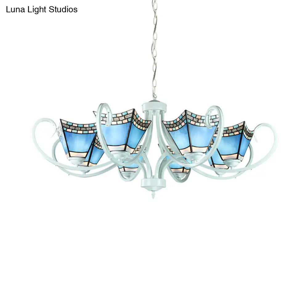 Nautical Chandelier With Blue Glass Pendants - 5/6/8 Lights In White Finish For Living Room