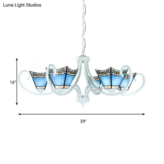 Nautical Blue Glass Pyramid Chandelier Light - 5/6/8 Lights In White Finish Perfect For Living Room