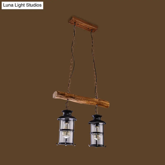 Nautical Clear Glass Cluster Pendant With Wood Design - Brown 2/3-Bulb Island Lighting